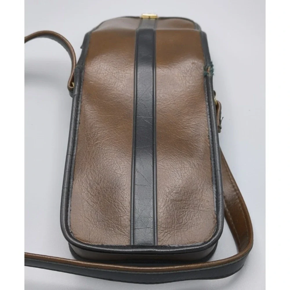 Vtg Brown & Black Embossed Vinyl Binoculars Case Shoulder Strap Brass Hrdwr 70s‎